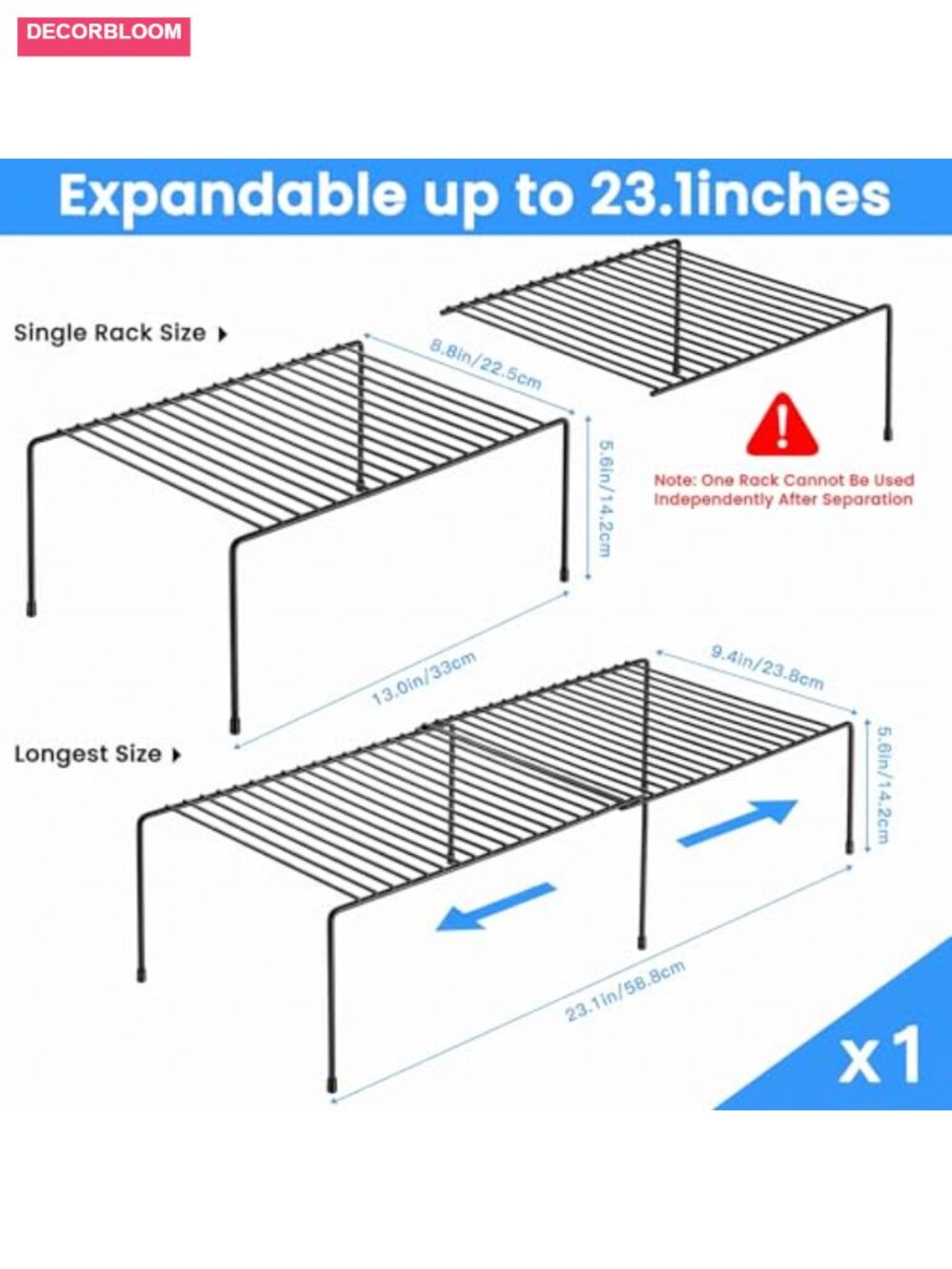 Expandable Cabinet Shelf Organizer, Extendable 12.3-22.5 in, Heavy Duty Steel, - Picture 2 of 6